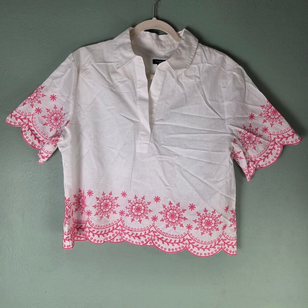Talbots Womens LP Petite Embroidered Linen Cotton Short Shirt Scallop Medallion